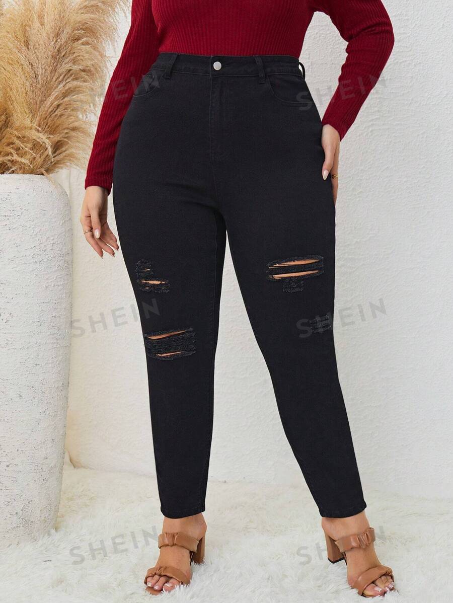 SHEIN LUNE Talla grande Jeans ajustados desgarro