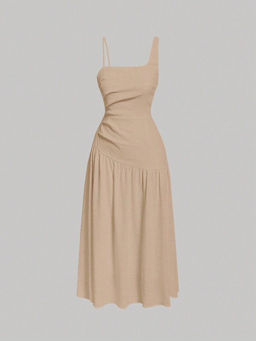 SHEIN MOD Solid Asymmetrical Neck Ruched Ruffle Hem Dress