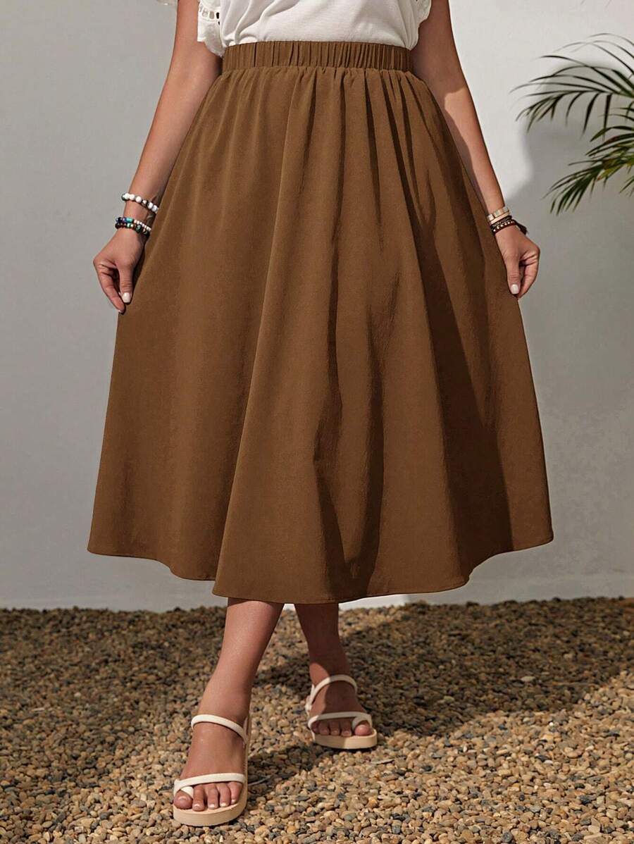 EMERY ROSE Plus Solid Elastic Waist Skirt