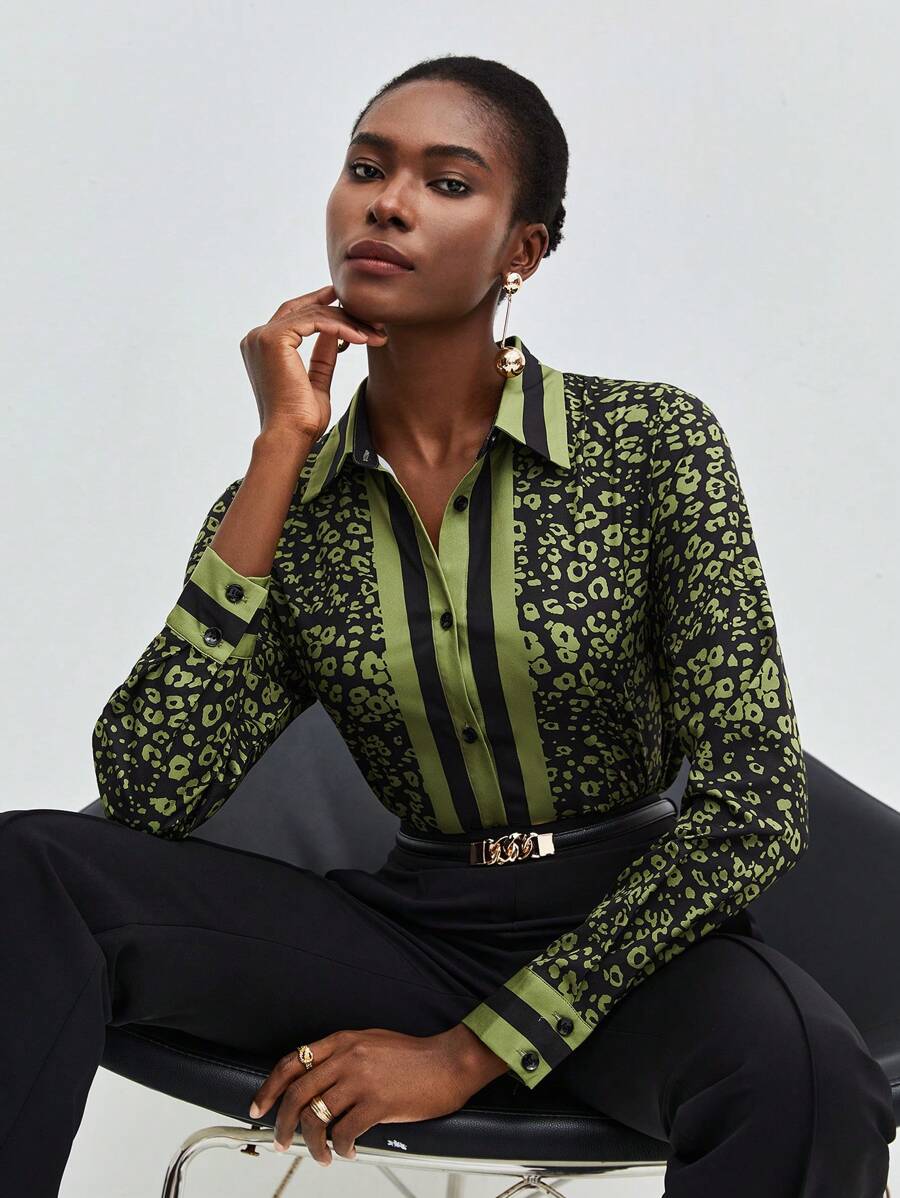 Maija Allover Print Button Front Shirt,Long Sleeve Tops