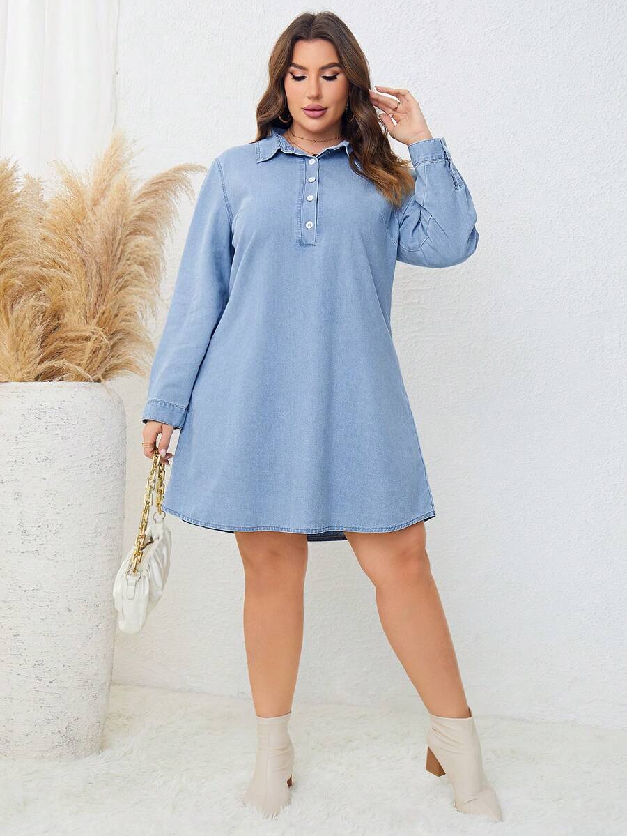 SHEIN LUNE Plus Half Button Denim Shirt Dress SHEIN USA