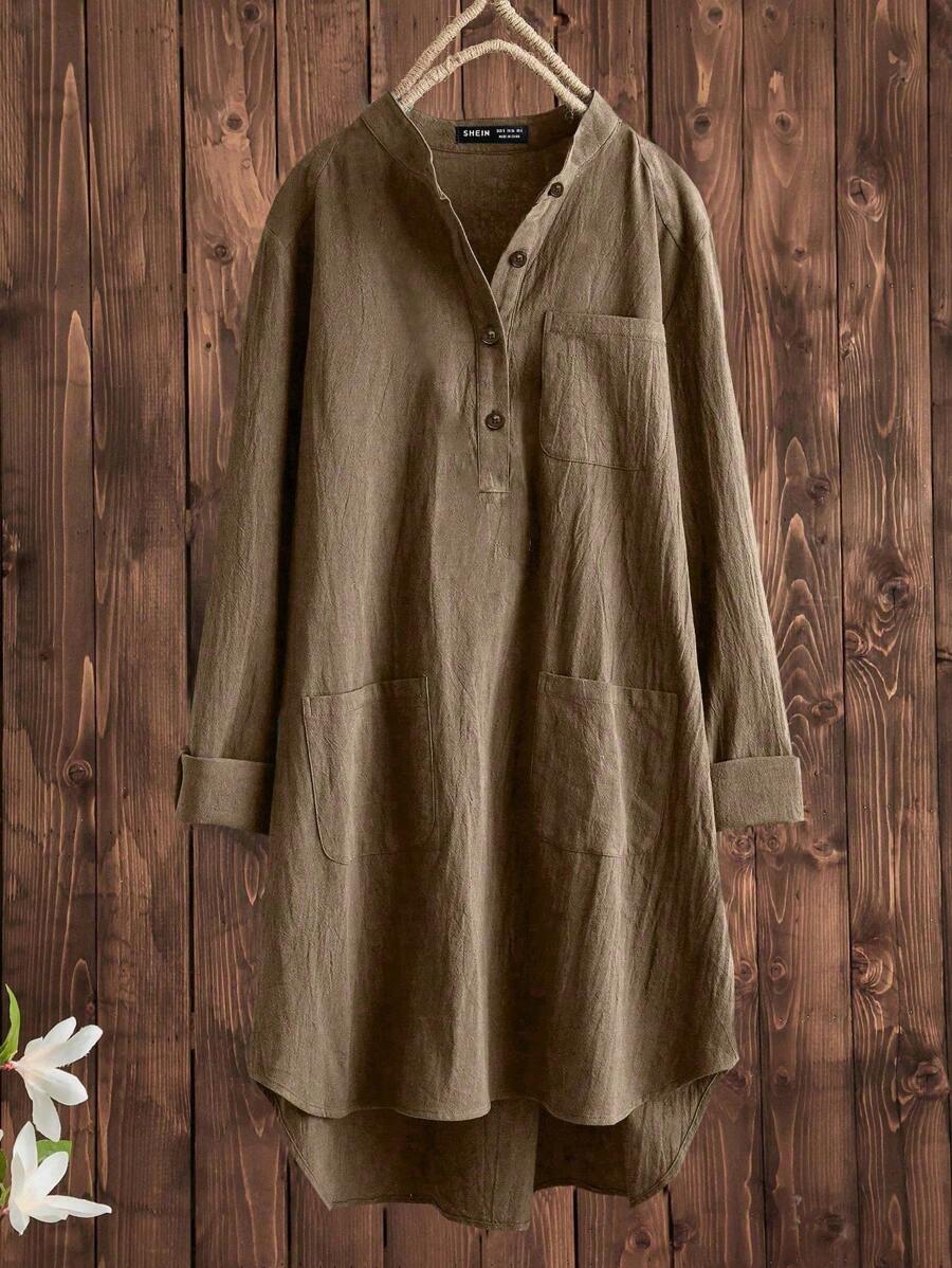 EMERY ROSE Half Button High Low Longline Blouse