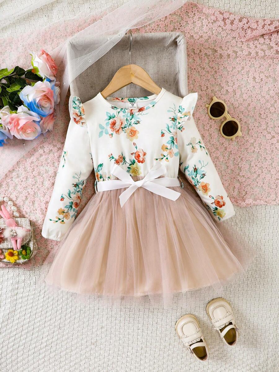 SHEIN Kleines Mädchen Kleid mit Gürtel, Blume Muster, Rüschenbesatz, Mesh Besatz,