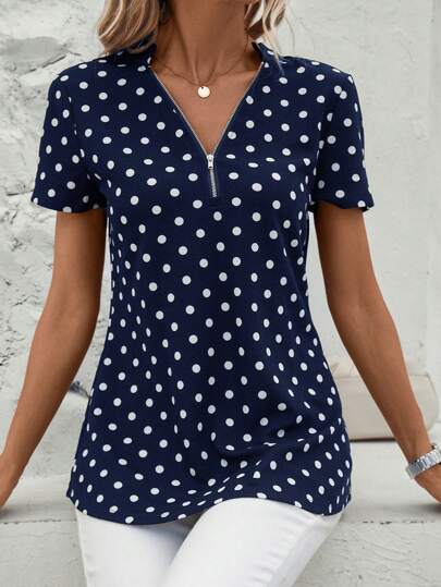 SHEIN Clasi Polka Dot Print Half Zip Blouse