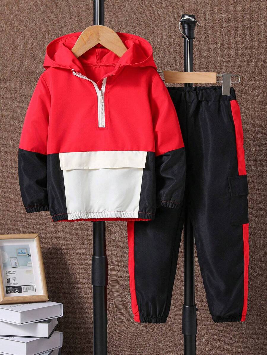 SHEIN Chico joven Capucha de color combinado con cremallera media & Pantalones con bolsillo con solapa