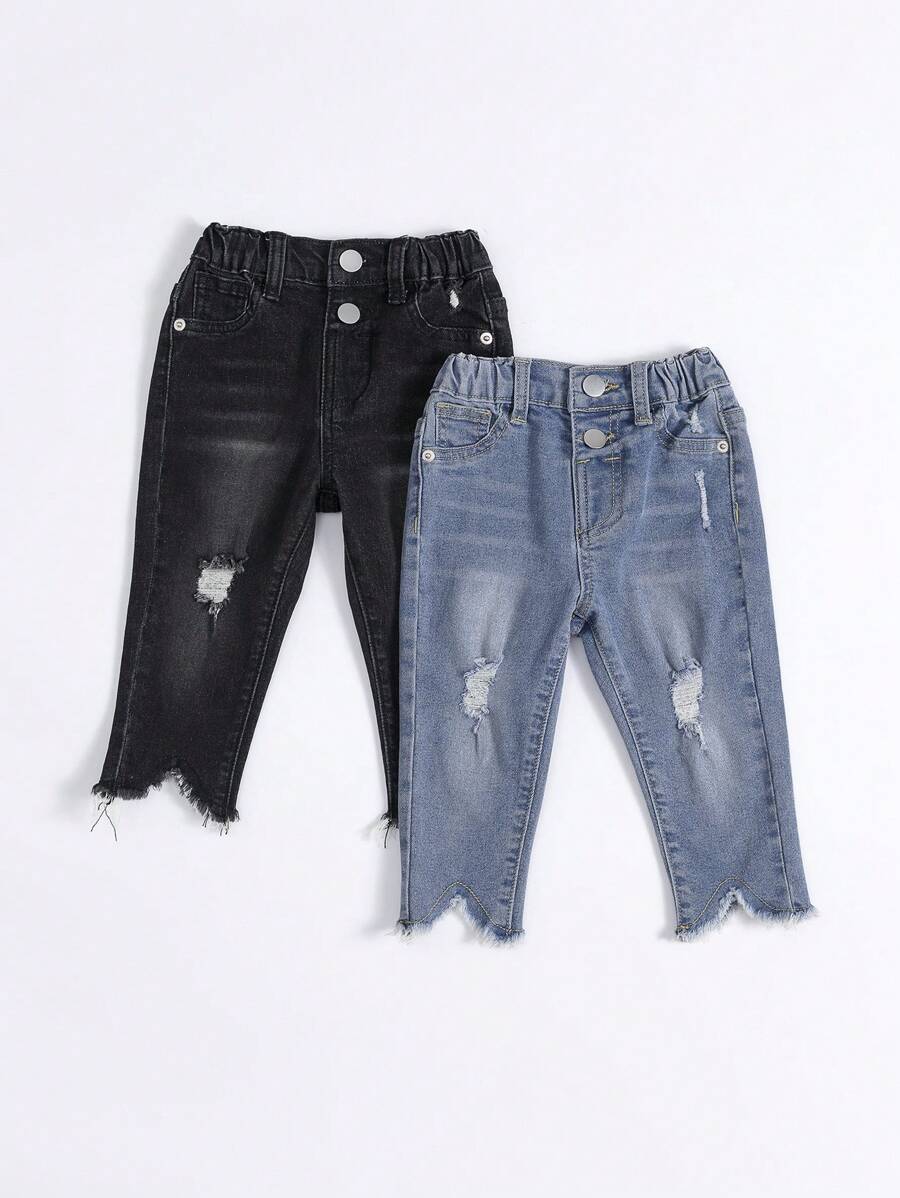Baby Girls Basic Casual 2pcs Elastic Jeans With Raw Hem