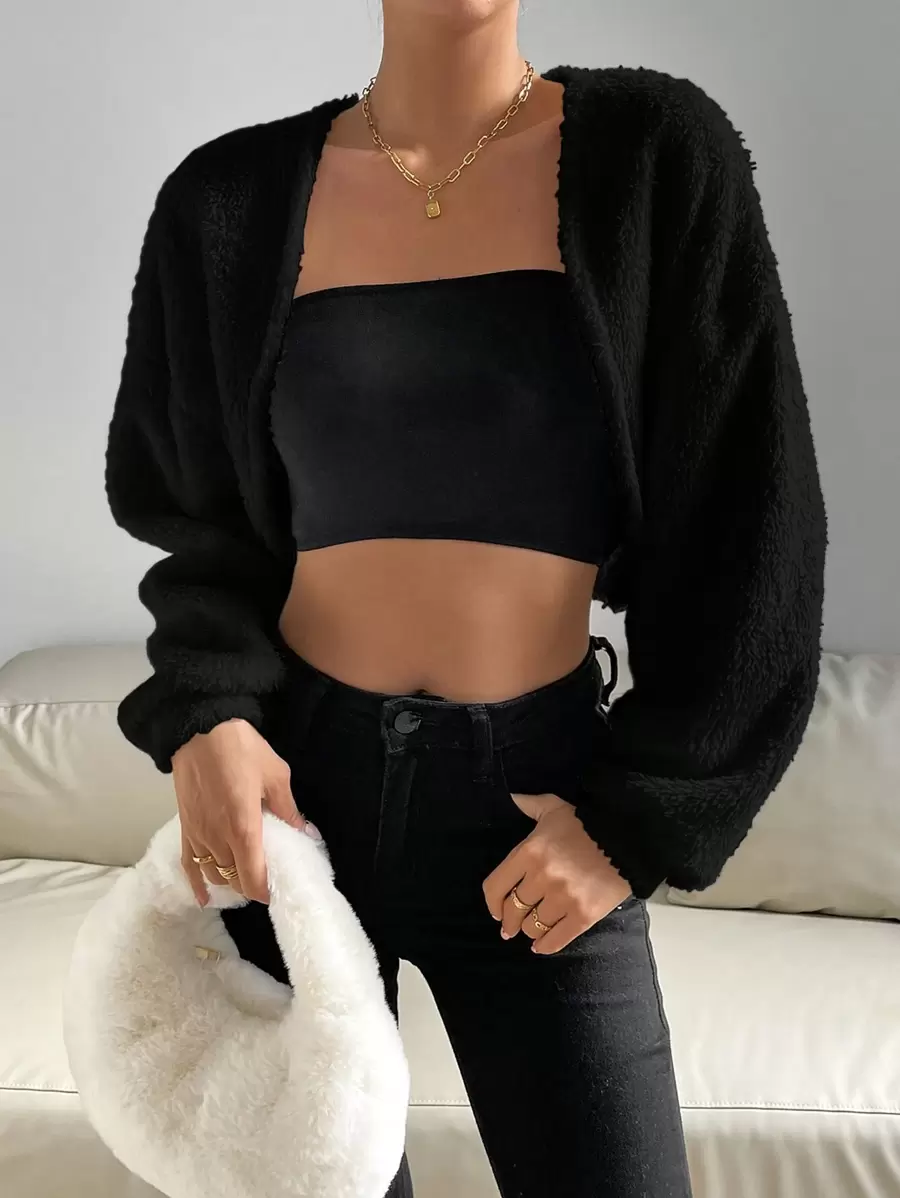 SHEIN Essnce 1pc Drop Shoulder Open Front Crop Fuzzy Jacket