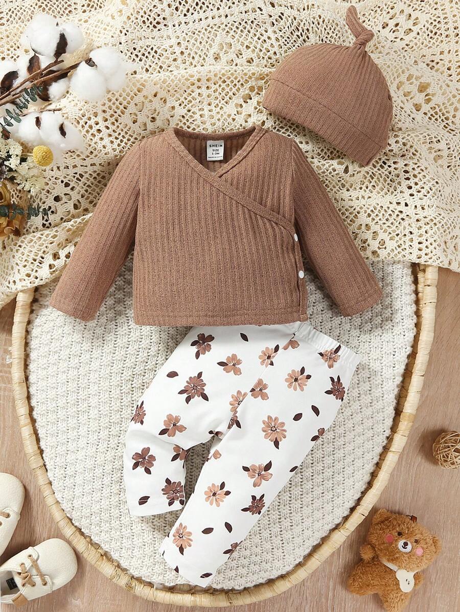 SHEIN Baby Girl Solid Tee & Floral Print Pants & Hat