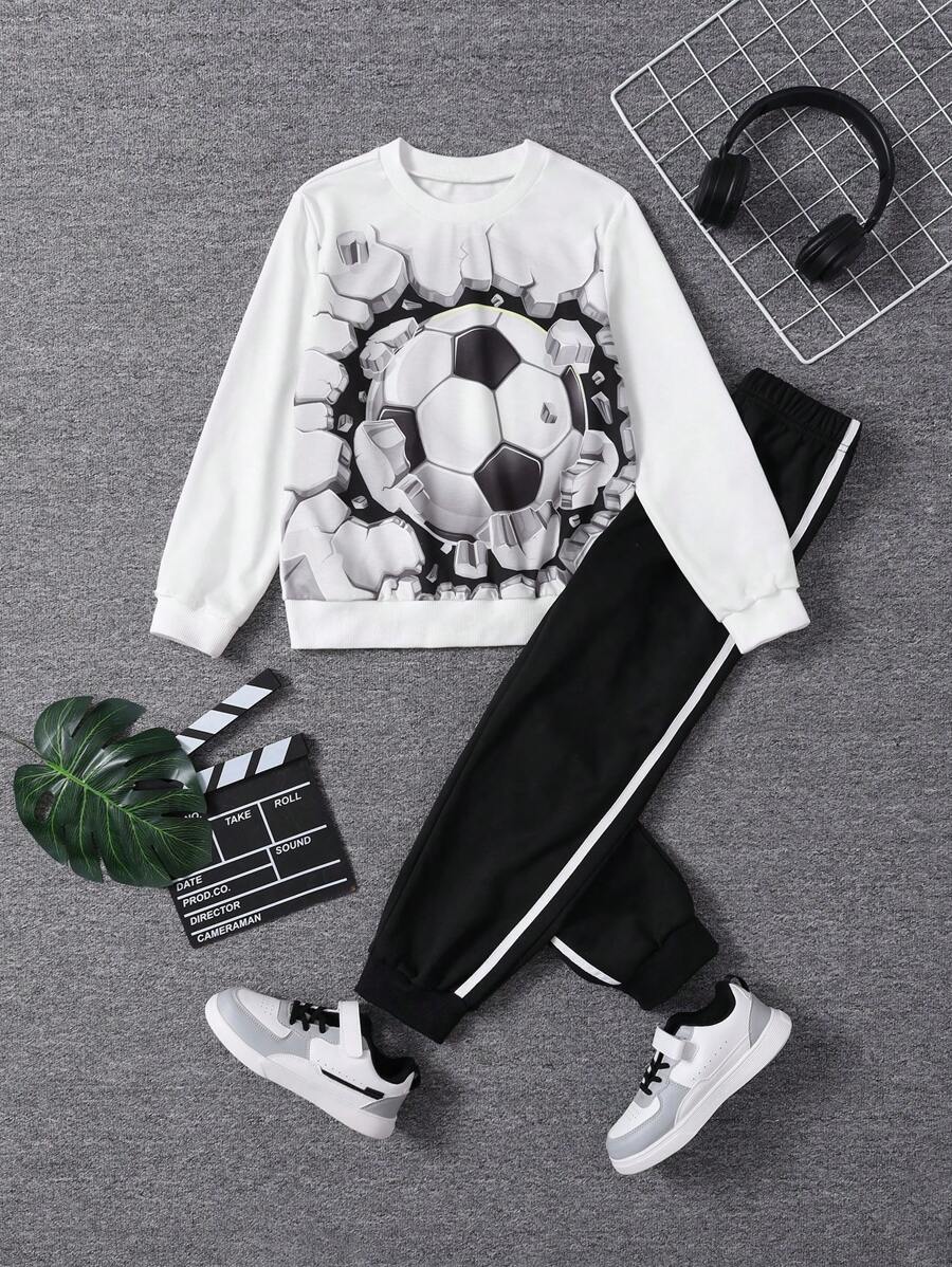 SHEIN Adolescent Garçon Football Imprimé Sweat-shirt & À Bande Contrastante Pantalon De Survêtement