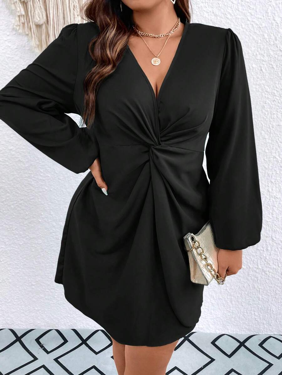 Celure Plus Twist Front Lantern Sleeve Dress