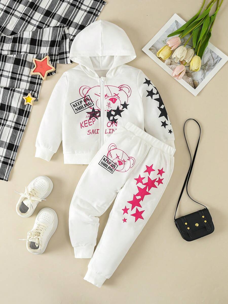SHEIN Kleines Mädchen Jogginghose & Hoodie Bär & Buchstabe Grafik