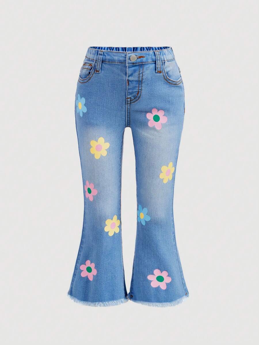 SHEIN Jong meisje Bloemenprint Onbewerkte snee Jeans met brede pijpen