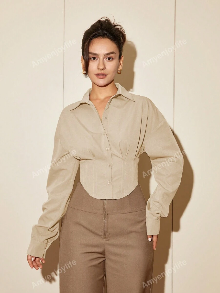 Women Solid Color Long Sleeve Waist Cinched Elegant Blouse, Casual Daily Button Down Shirt, Spring/Autumn