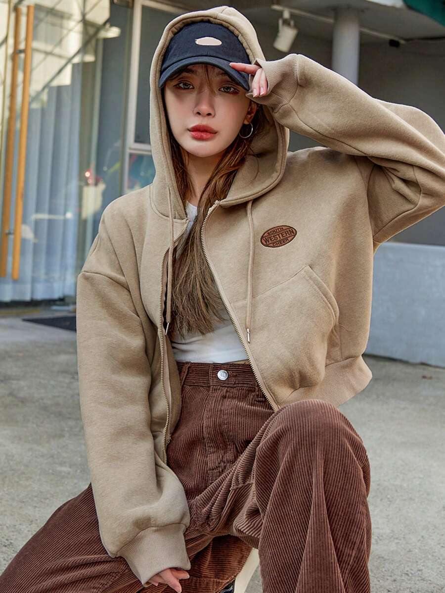 DAZY Letter Embroidery Drop Shoulder Drawstring Thermal Hoodie