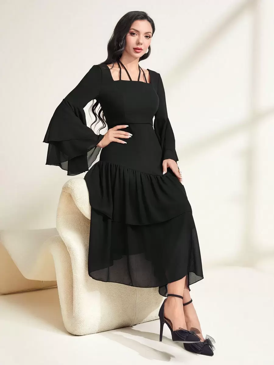 Modelyn Solid Long Flounce Sleeve Ruffle Hem Modest Dress Long Evening Dresses