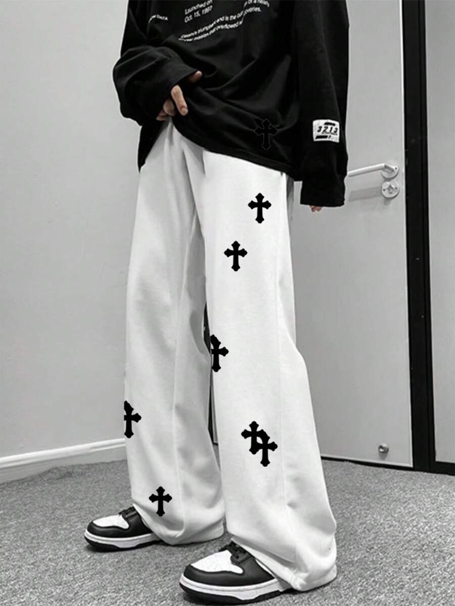 Manfinity EMRG Loose Men's Cross Printed Sweatpants With Drawstring Waist And Wide Leg