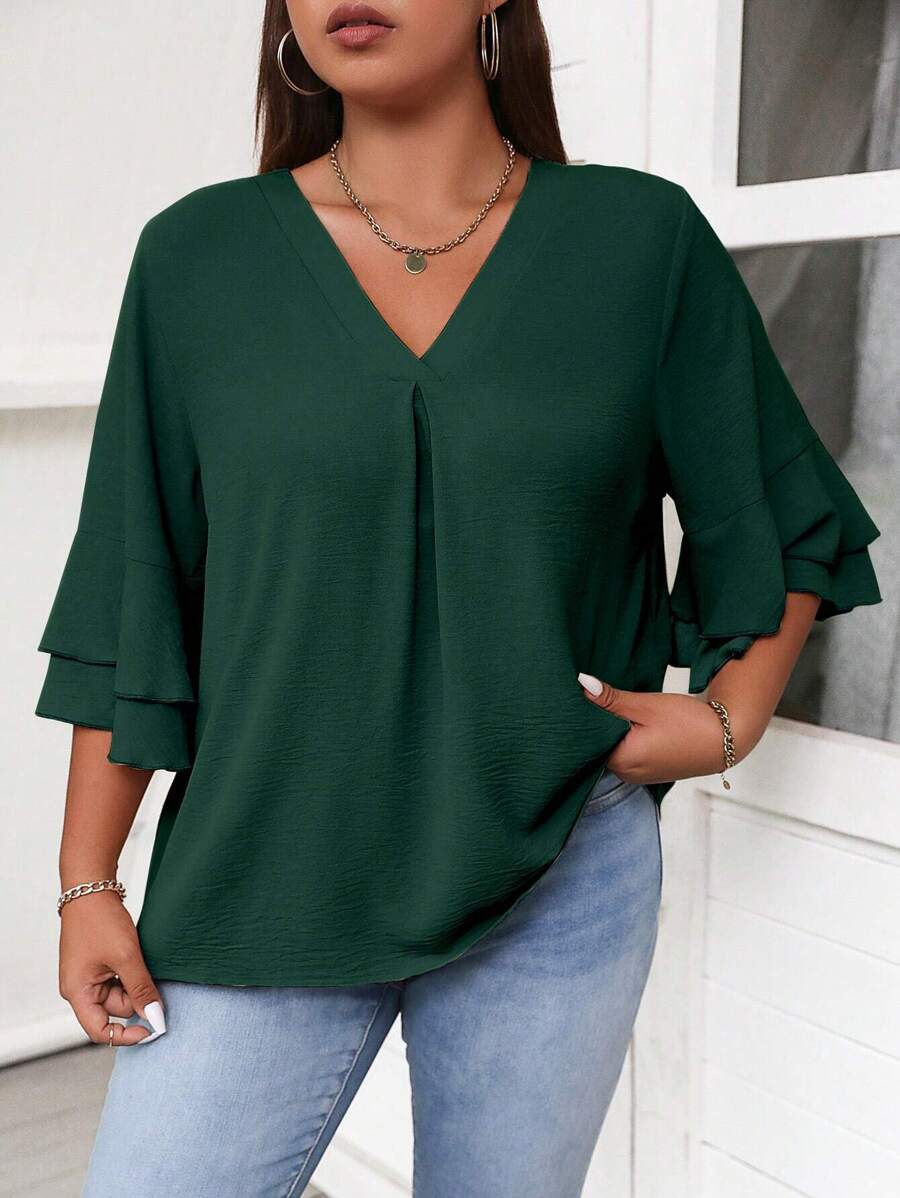Celure Blusa de cuello en V con mangas acampanadas en talla grande