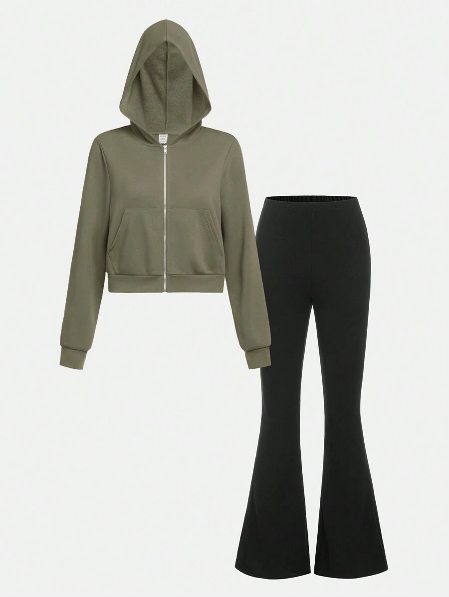SHEIN Tienermeisje Hoodie met rits & Flare broeken