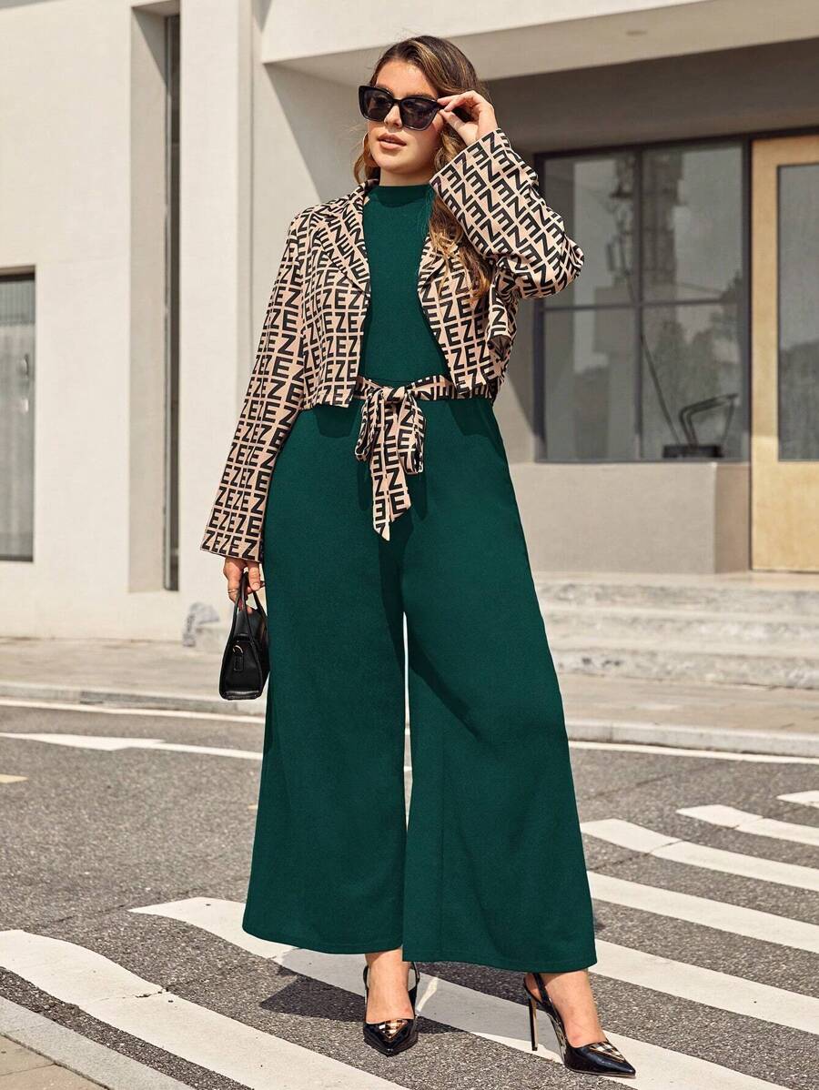 SHEIN Privé Plus Letter Graphic Jacket & Belted Wide Leg Jumpsuit