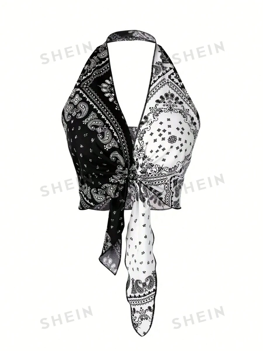 INAWLY Top halter con estampado de pañuelo con paisley de color combinado con cordón delantero