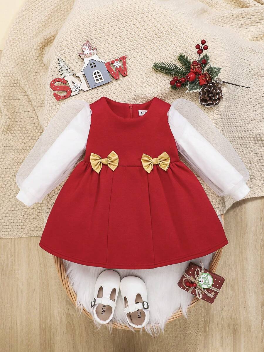 SHEIN Baby Girl Bow Front Contrast Mesh Bow Front Dress