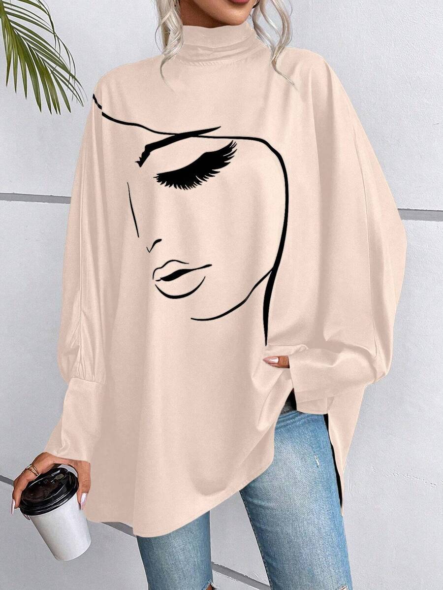 EMERY ROSE Figure Graphic Batwing Sleeve Blouse,Long Sleeve Tops