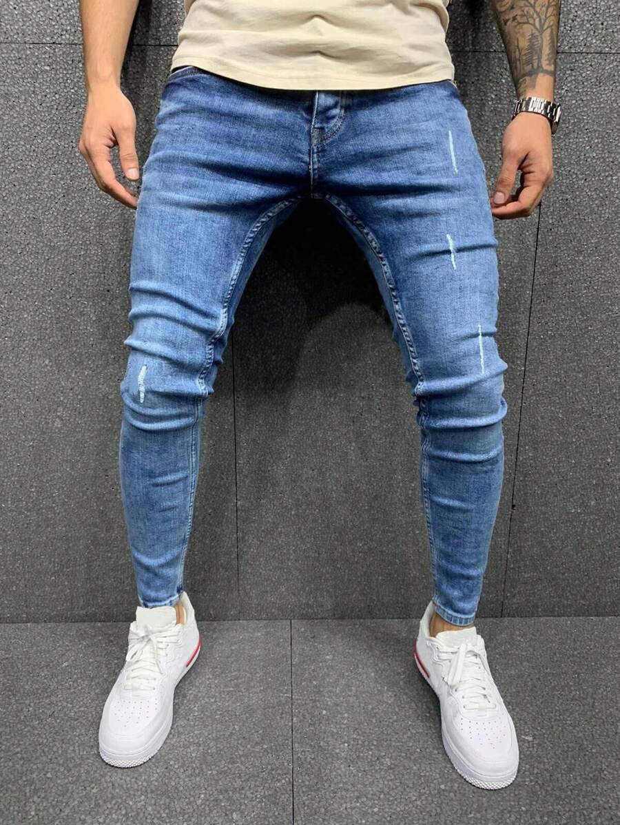Manfinity Homme Jeans strappati monocolore da uomo, jeans slim fit in lavaggio blu scuro reale lavorato, jeans da carico lavato, adatti come regalo per marito o fidanzato