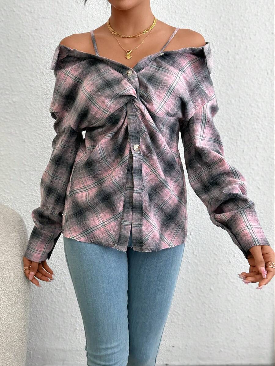 Chiquease Plaid Cold Shoulder Print Twist Front Shirt