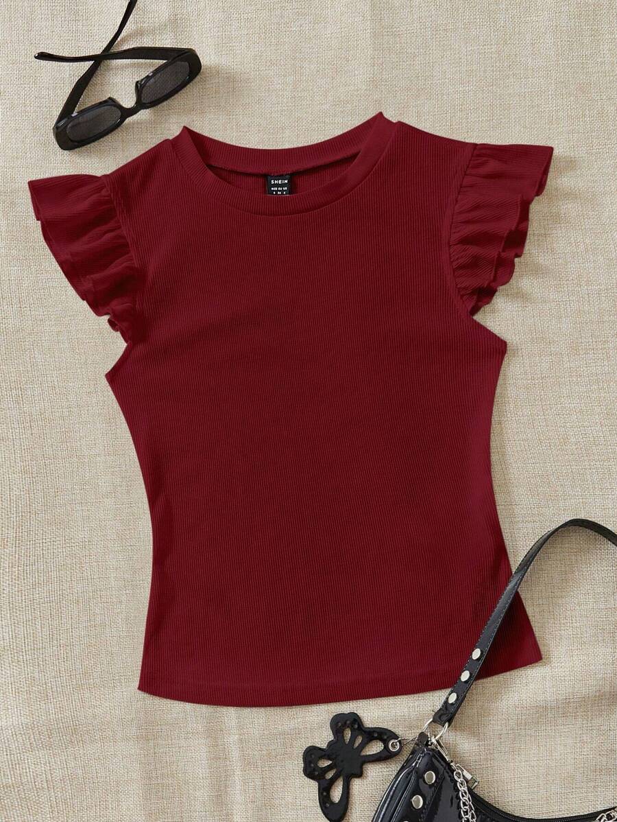 Soleia Camiseta ribete con fruncido tejido de canalé
