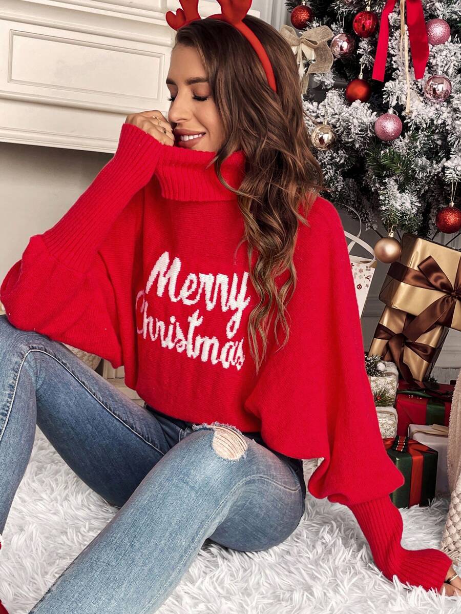 SHEIN Frenchy Christmas Letter Pattern Turtleneck Batwing Sleeve Sweater,Long Sleeve Tops