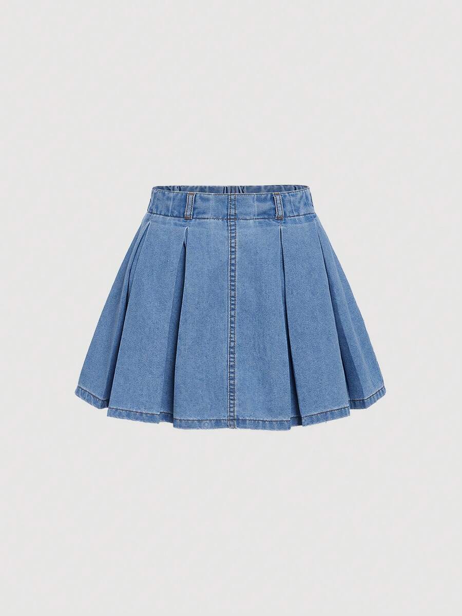 SHEIN Tween Girl Solid Color Pleated Denim Skirt, Casual Elastic Waistband