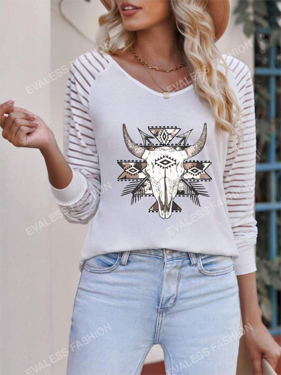 T-shirt Bovins & Imprimé Géométrique Manches Raglan