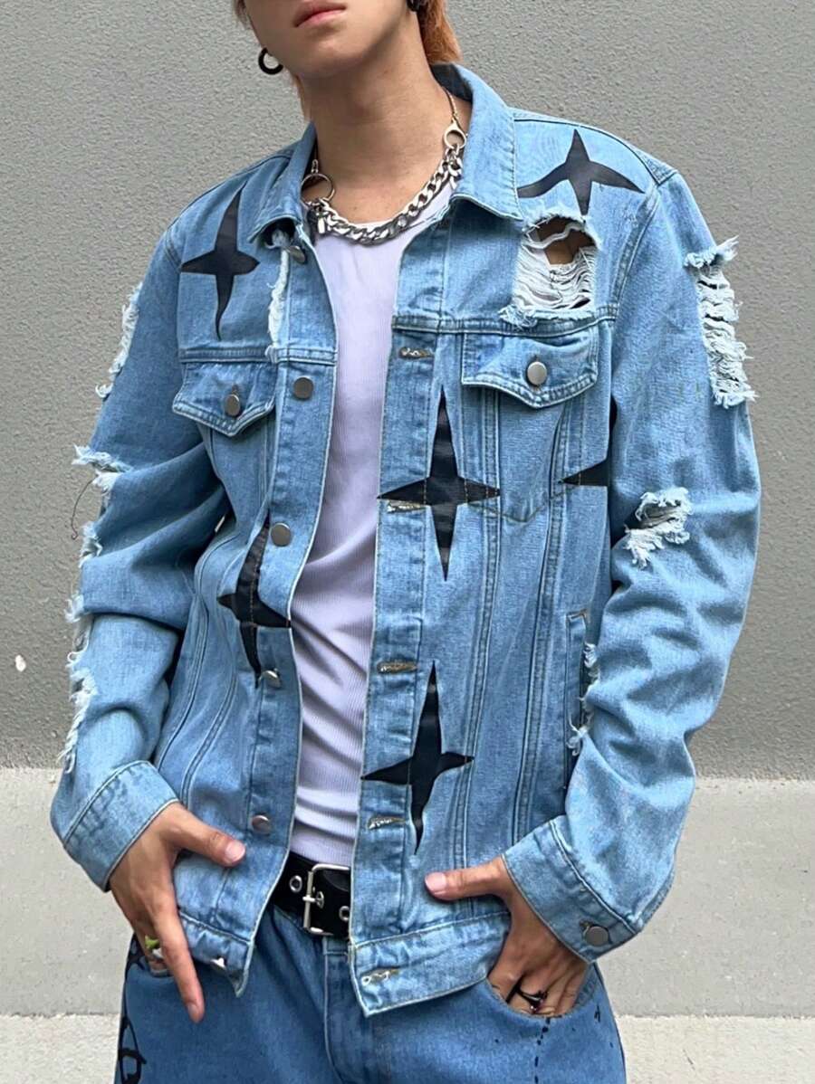 Manfinity EMRG Homme Veste En Jean Imprimé Étoile Déchiré