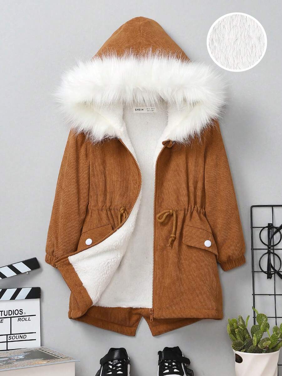 SHEIN Abrigo Térmico Con Capucha Y Ribete Borroso Con Cintura Ajustable Para Niño Joven
