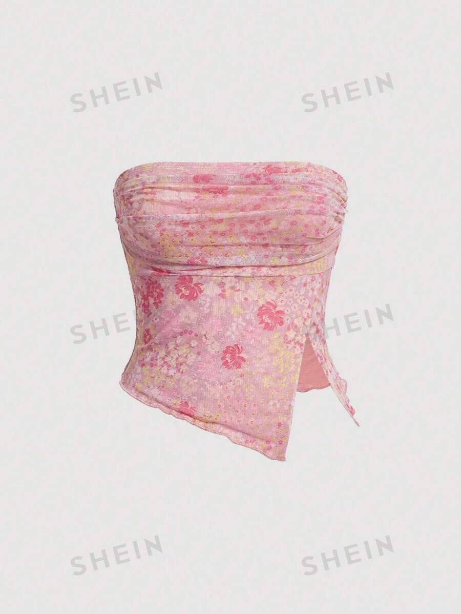SHEIN MOD Top cu tub din plasă cu tiv asimetric cu imprimeu floral