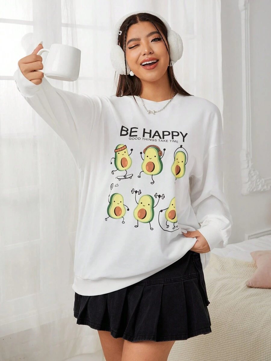 SHEIN EZwear Plus Size Guacamole & Letter Print Drop Shoulder Sweatshirt