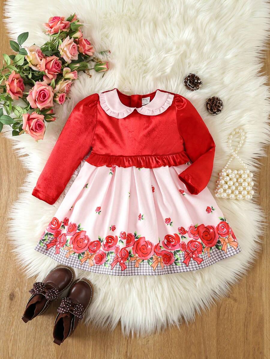 Bebé niña Vestido con estampado floral ribete con fruncido de cuello bobo