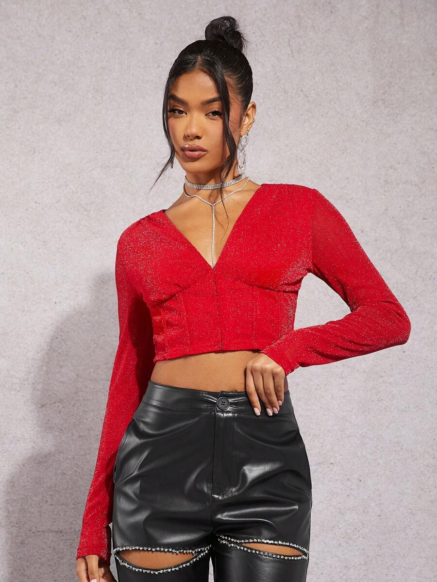 SHEIN BAE 1pc Solid V Neck Crop Top