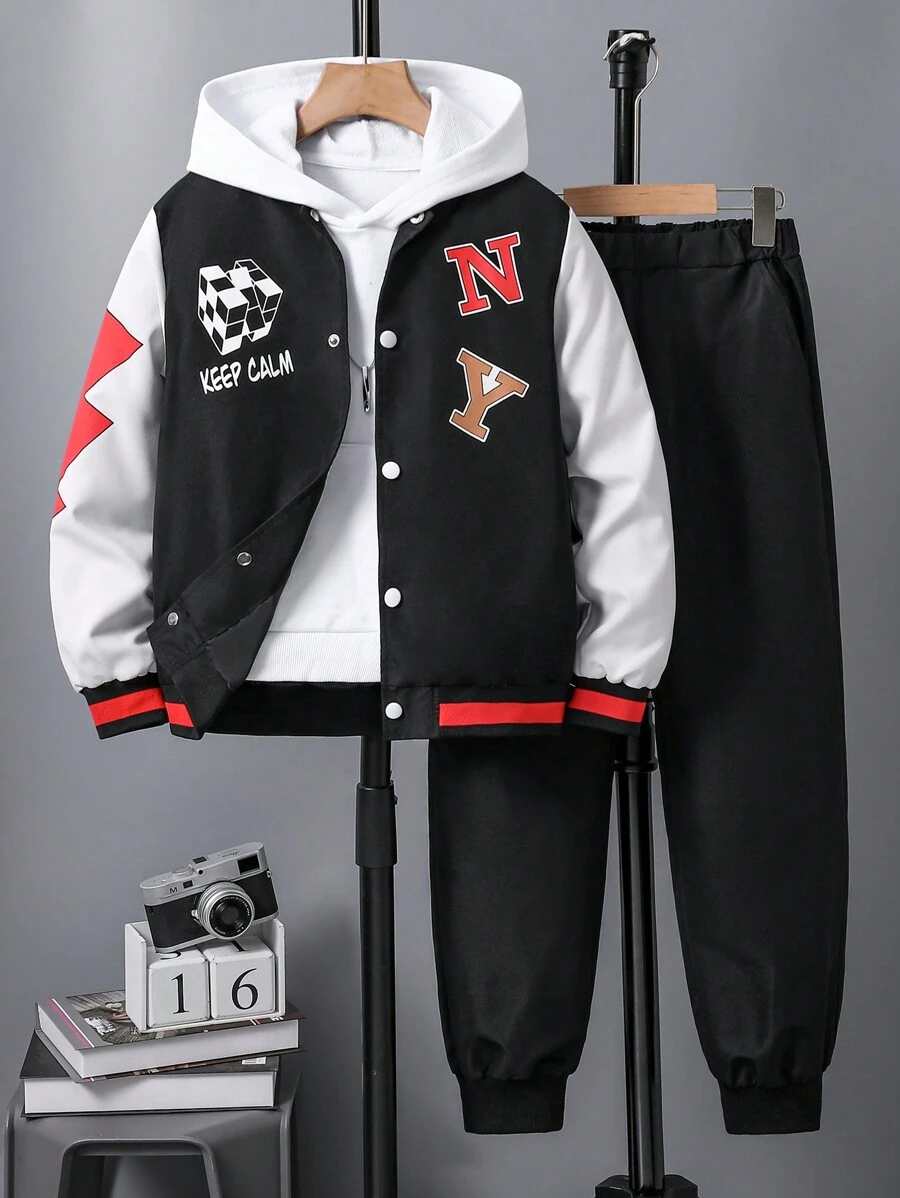SHEIN Tween Boy Letter Graphic Colorblock Varsity Jacket & Pants Without Hoodie