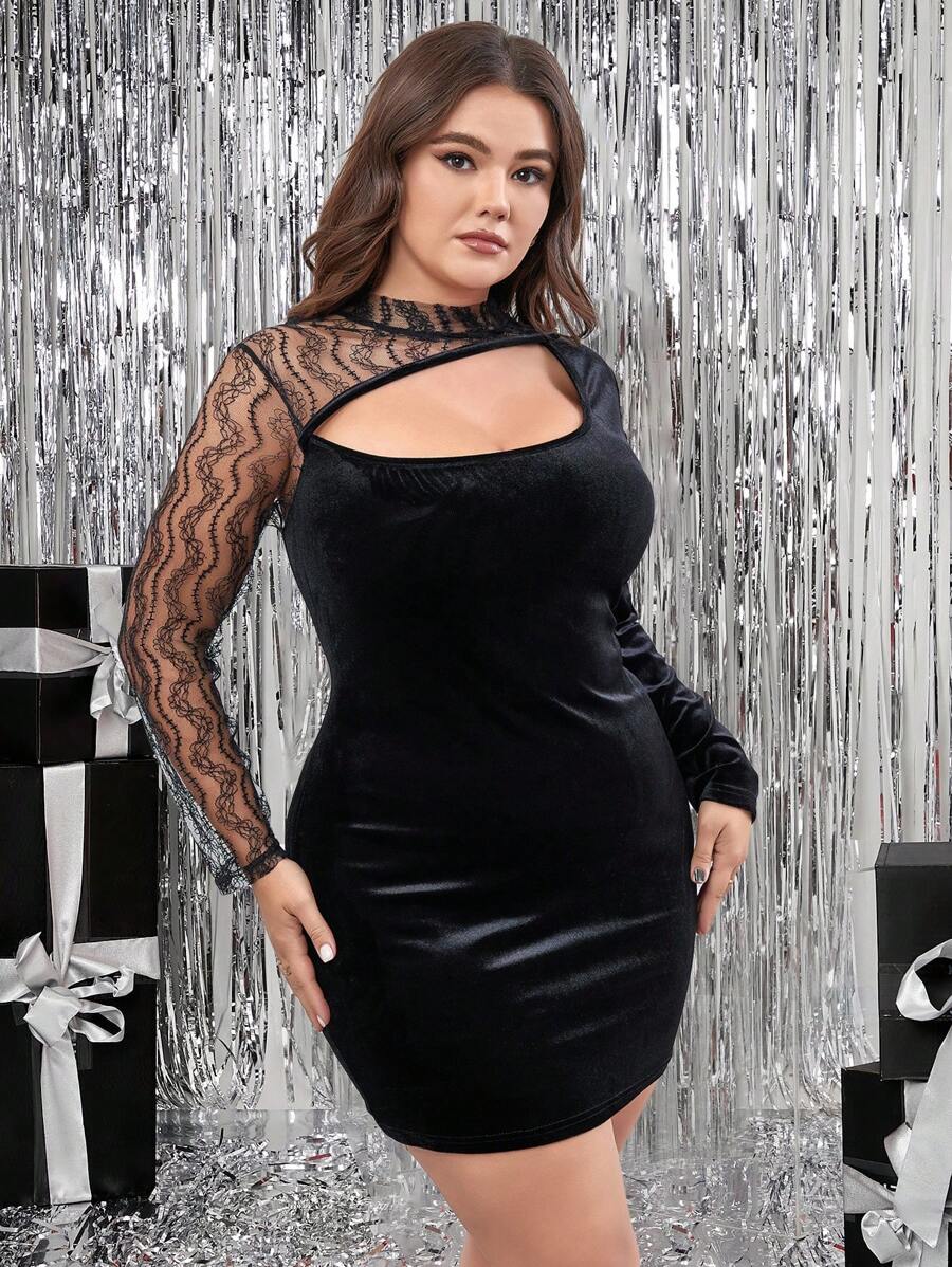 SHEIN Allurite Plus Contrast Lace Cut Out Front Velvet Bodycon Dress