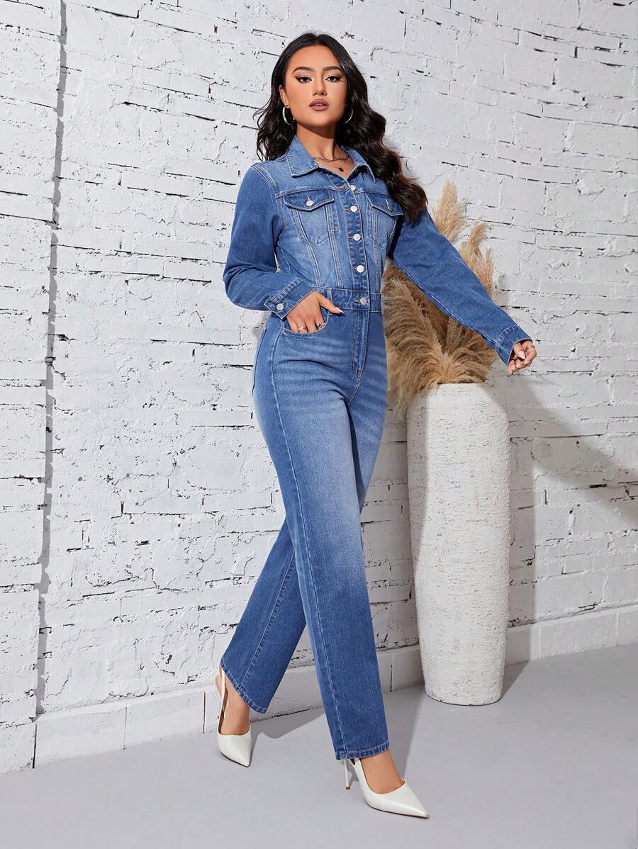 SHEIN Privé Flap Pocket Button Front Denim Jumpsuit