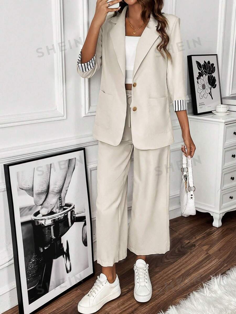SHEIN Clasi Blazer puño de rayas & Pantalones de pierna ancha
