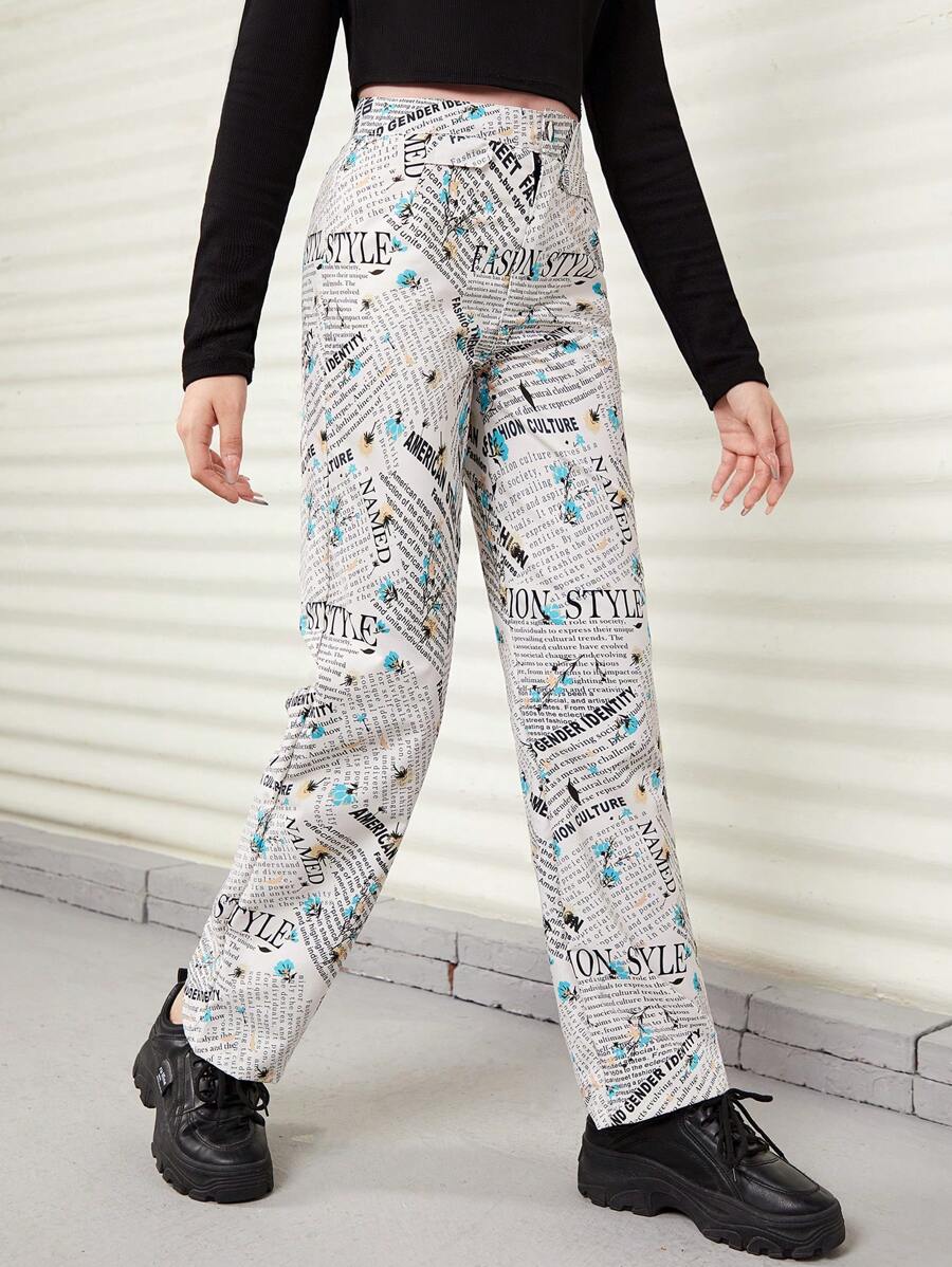 Teen Girl Floral & Slogan Graphic Straight Leg Pants