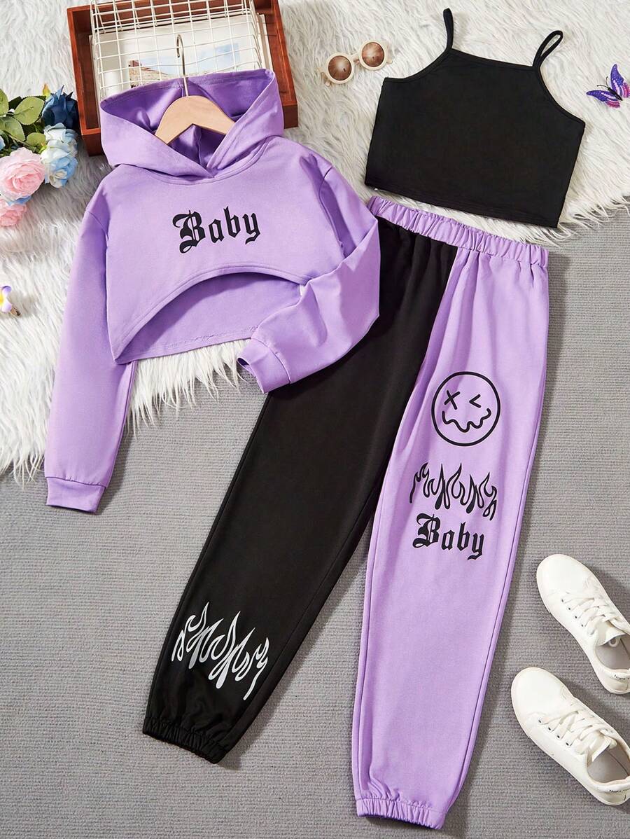 SHEIN Tween Girl Solid Cami Top & Sweatpants & Hoodie