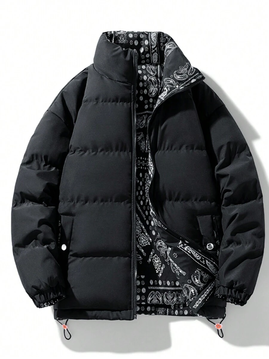 Men Paisley Print Reversible Drawstring Hem Zipper Padded Coat