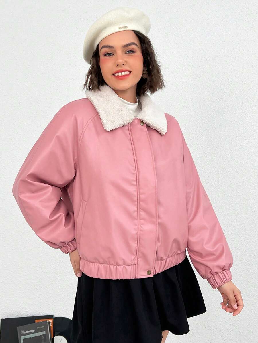 SHEIN EZwear Plus Borg Collar Raglan Sleeve Zip Up Jacket