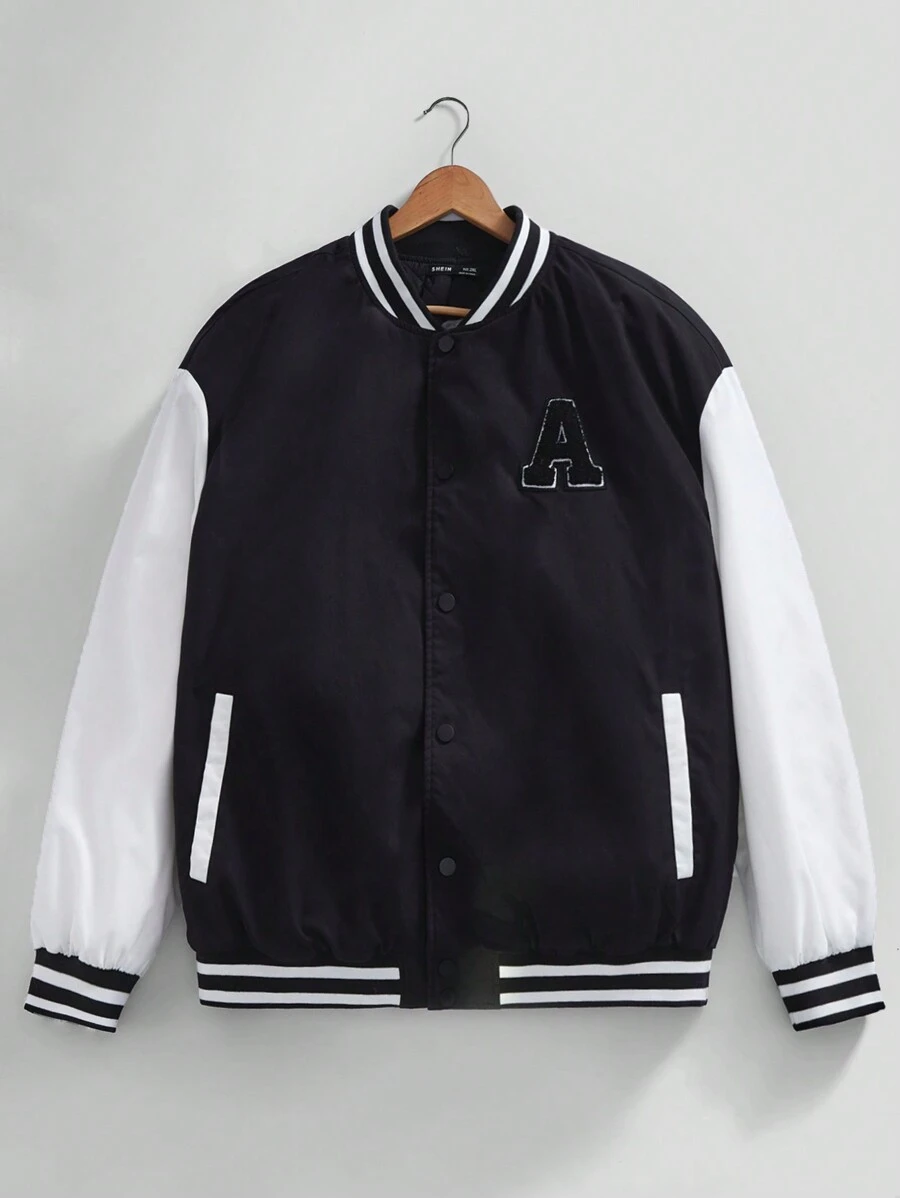 Manfinity VCAY Oversized Men Plus Size Letter Patched Striped Trim Drop Shoulder Two-Tone Varsity Jacket