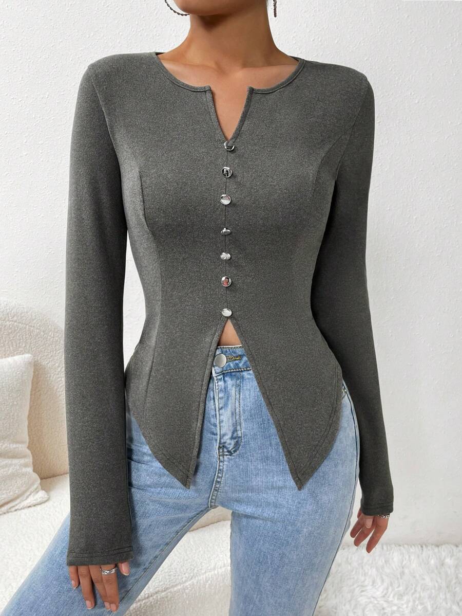SHEIN Essnce Notched Neck Button Front Tee