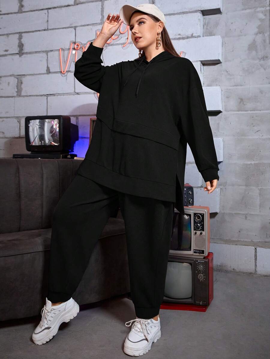 Mulvari Ensemble de tenue de voyage 2 pièces Femme, sweat-shirt à capuche avec emmanchures tombantes et fente au bas, cordon de serrage, et pantalon de survêtement