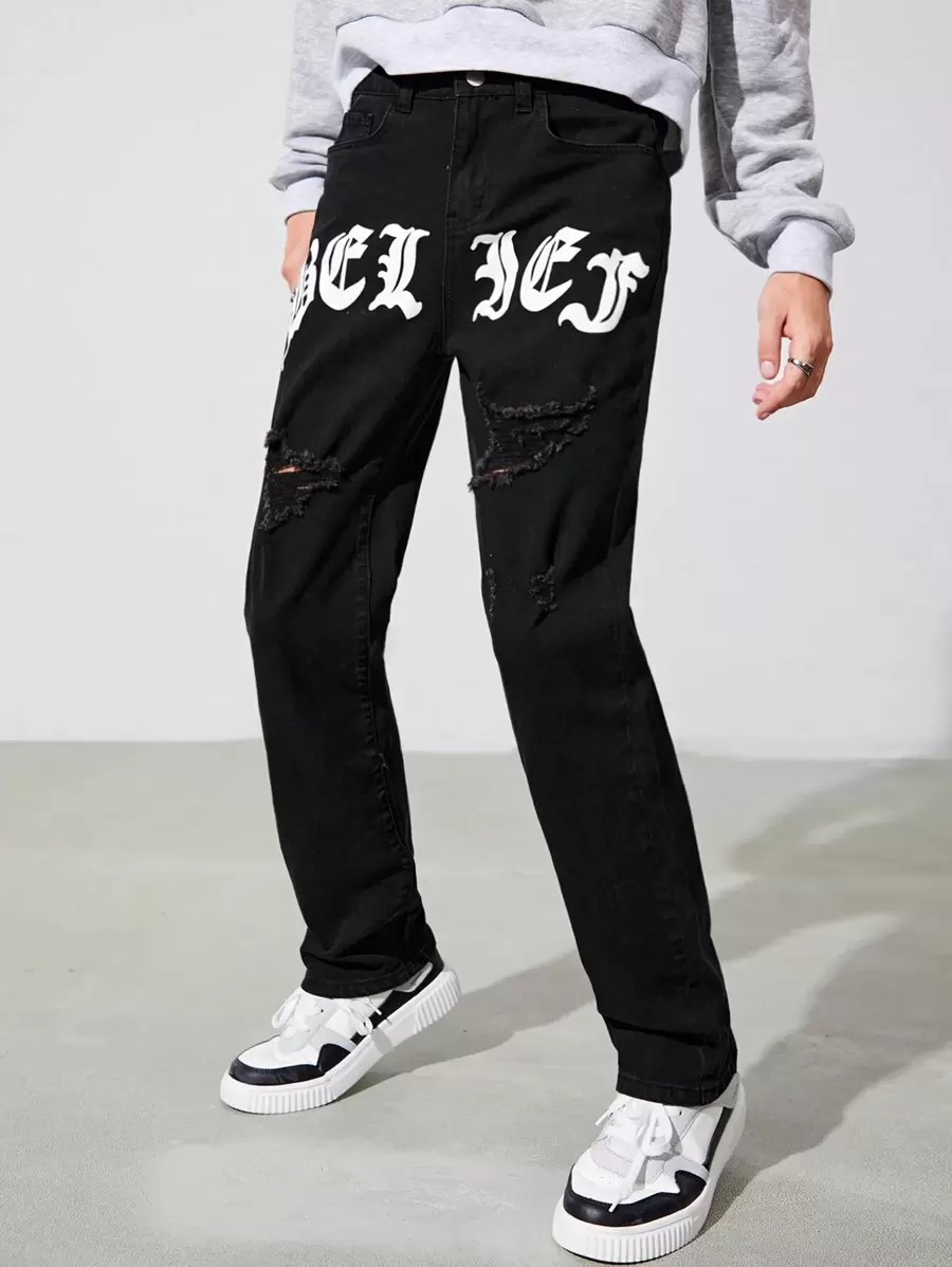 SHEIN Teen Boy Letter Graphic Ripped Jeans